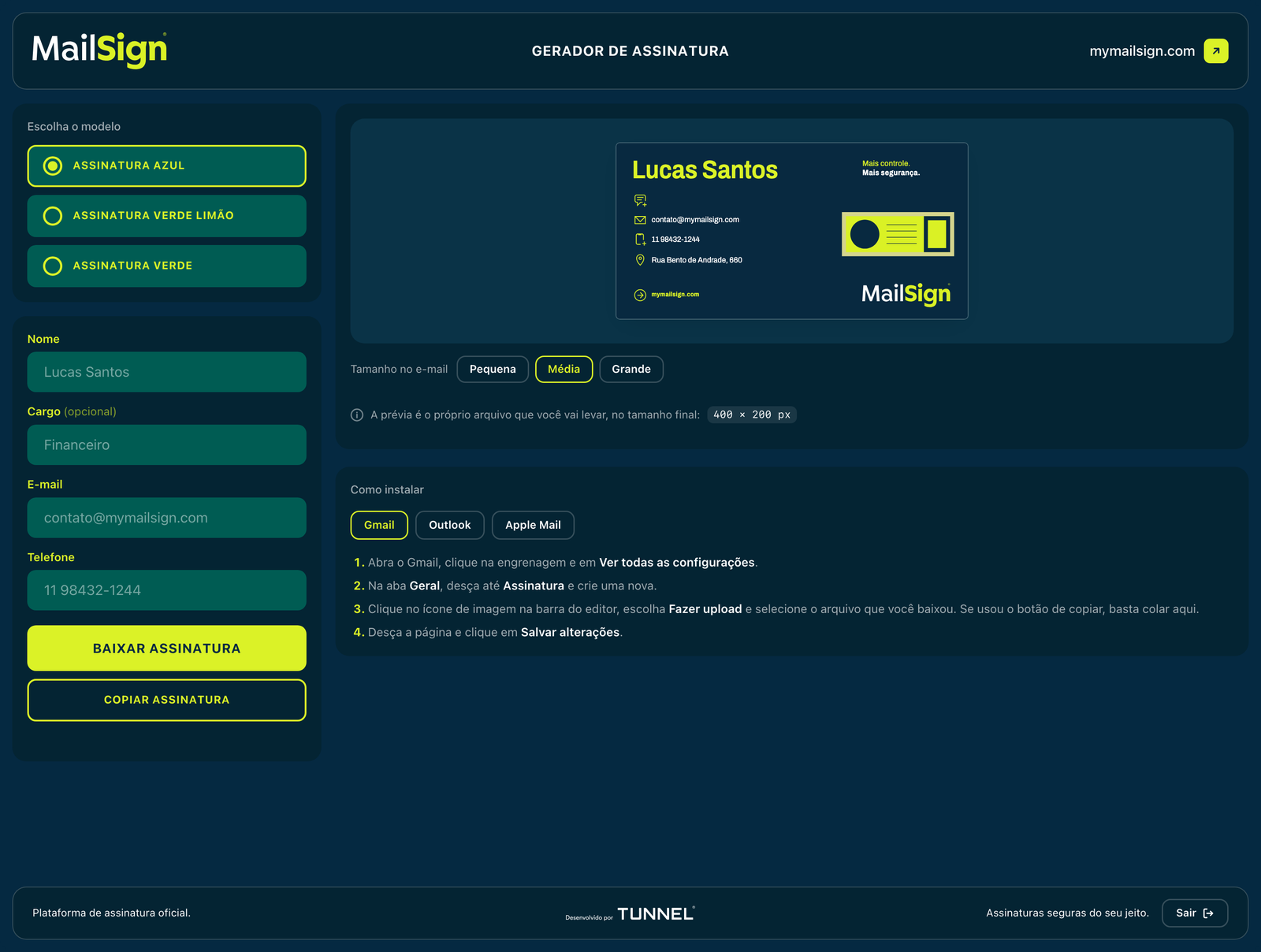 A plataforma da MailSign: lista de modelos à esquerda, formulário com nome, cargo, e-mail e telefone, e a prévia da assinatura à direita.
